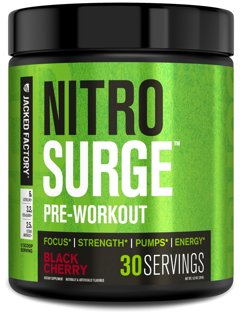 Jacked Factory NITROSURGE Pre Workout Supplement - Endless Energy, Instant Strength Gains, Klare Fokus- und Intensivpumpen - NO Booster & Powerful Preworkout Energy Powder - 30 Portionen, Schwarze Kirsche