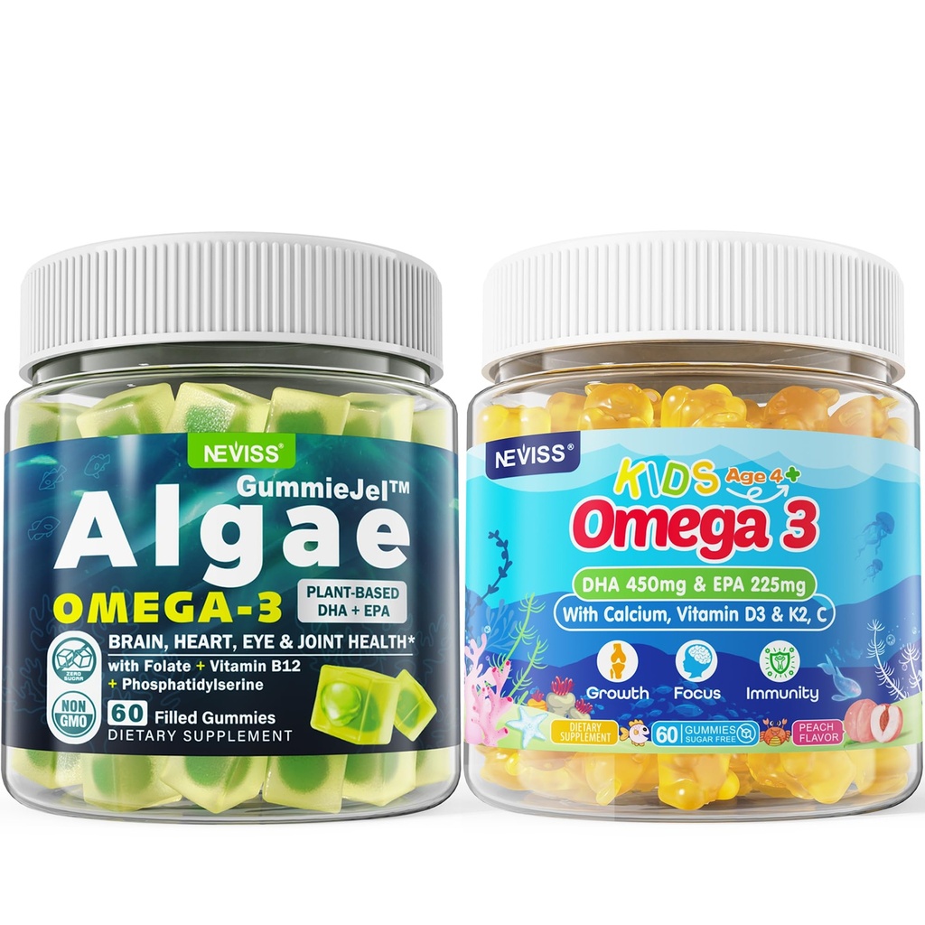 Vegan Omega 3 Gummies 1 Pack + Zucker Kostenlose Omega 3 Gummis für Kinder 2 Pack