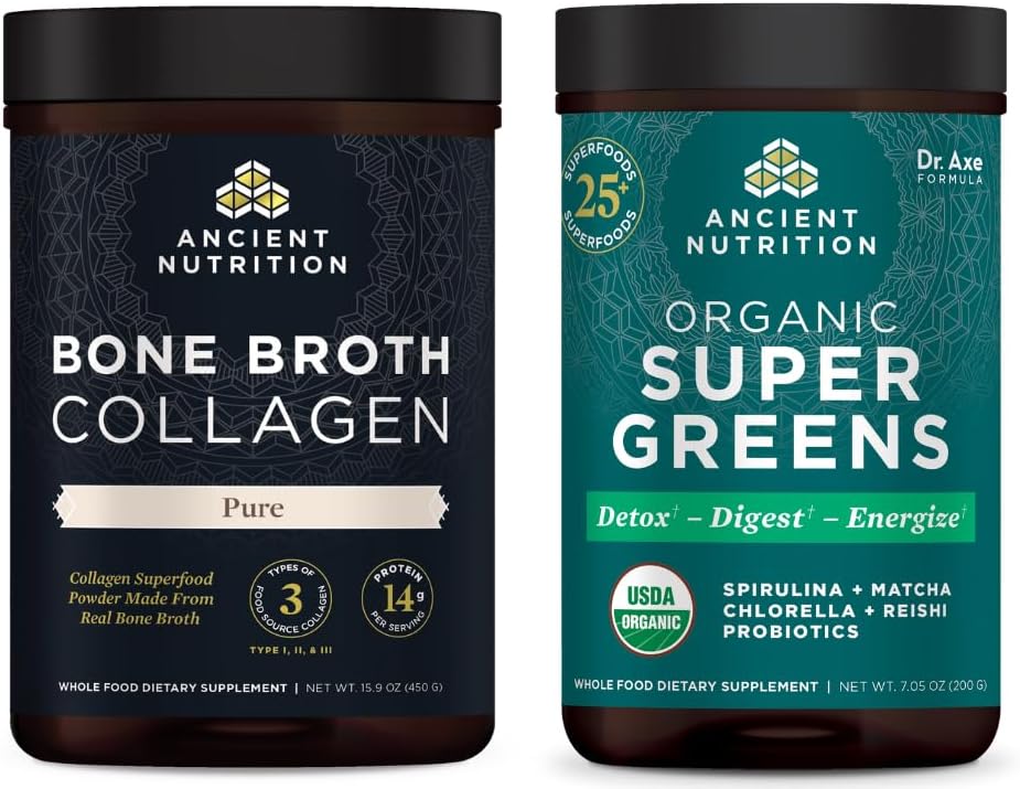 Antike Ernährung Knochen Broth Collagen Pulver, Rein, 30 Servierungen + Bio Supergreens Pulver, Grüne Geschmack, 25 Servierungen