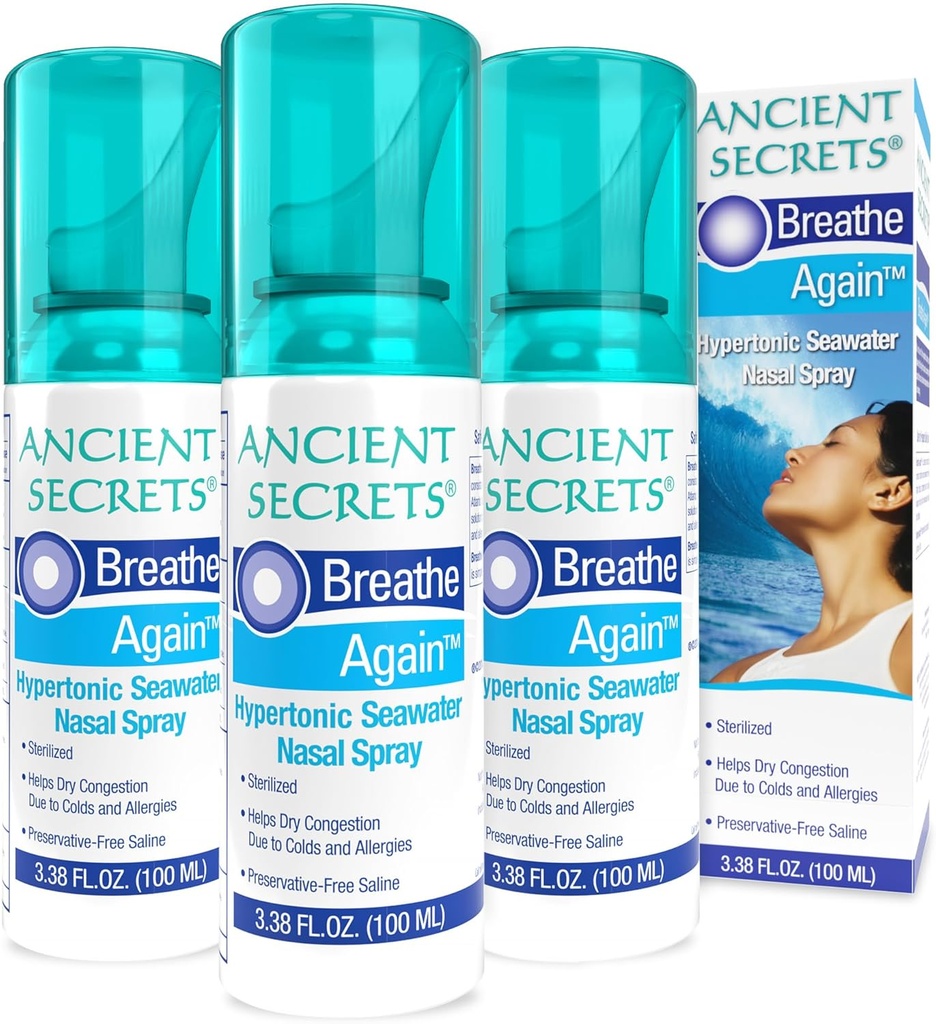 ANCIENT SECRETS Saline Nasal Spray - Atem wieder Hypertonisches Meerwasser Nasenspray, Allergy & Sinus Relief, Nasal Congestion Moisturizer, 3.38 Fl Oz (Pack mit 3)