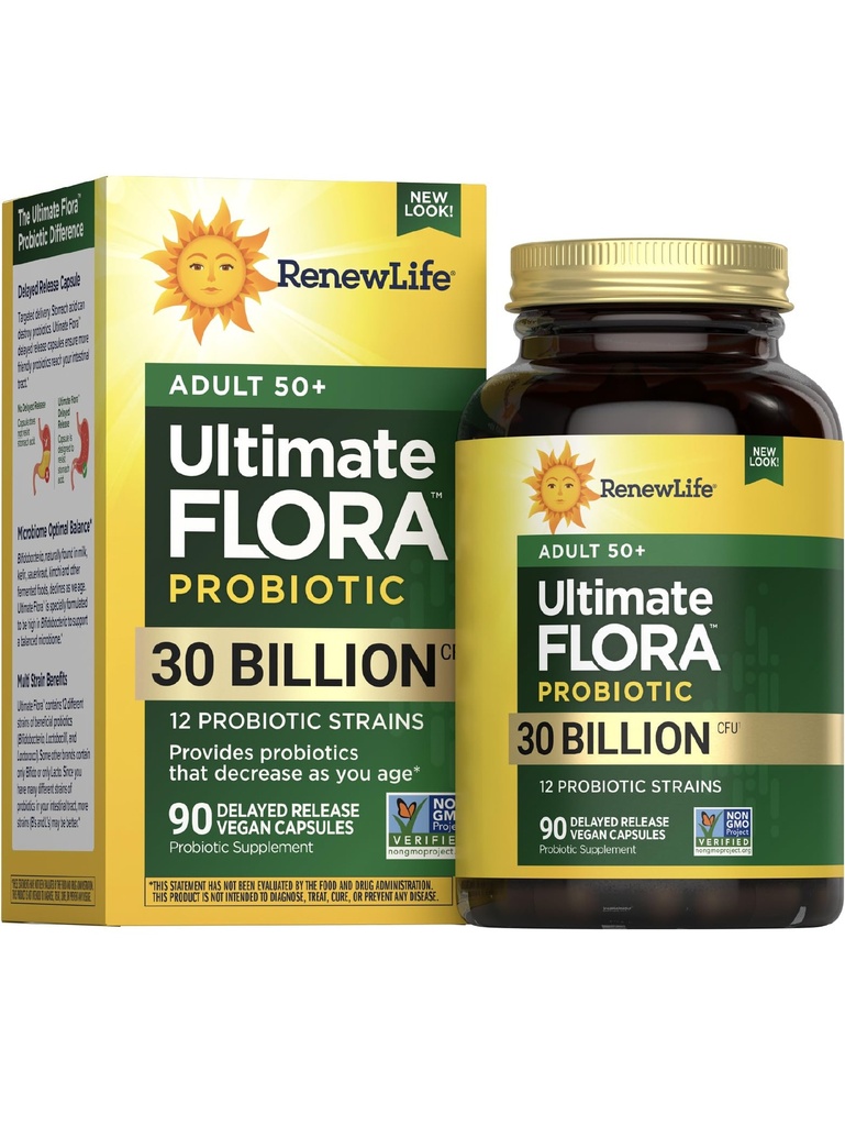 Renew Life Probiotic Adult 50 Plus Probiotic Capsules, Daily Supplement unterstützt Urinary, Digestive and Immune Health, L. Rhamnosus GG, Dairy, Soy und glutenfrei, 30 Billion CFU, 90 Count