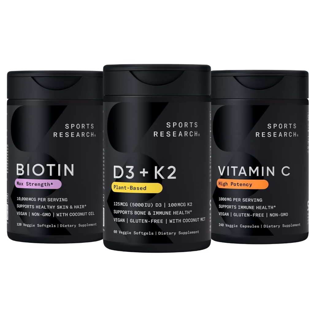 Sportforschung Vitamin D3 5000iu K2 100mcg, Vegan Biotin 10.000mcg mit Kokosöl und hoher Potenz Vitamin C Beilage 1000mg