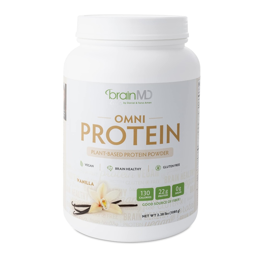 BRAINMD Dr. Amen Omni Protein Vanille - 2.38 lbs - Pflanzenbasiertes Proteinpulver - Fördert Energie und Bewegung - Vegan, Vegetarisch, Zuckerfrei, Glutenfrei - 30 Portionen