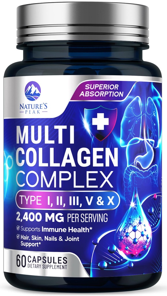 Multi Collagen Peptide Ergänzung für Haar, Nagel, Haut - Typ I, II, III, V, X, Collagen Powder Pillen - Grass-Fed, hydrolysiert für Knochen und gemeinsame Unterstützung für Frauen und Männer, Non-GMO - 60 Kapseln