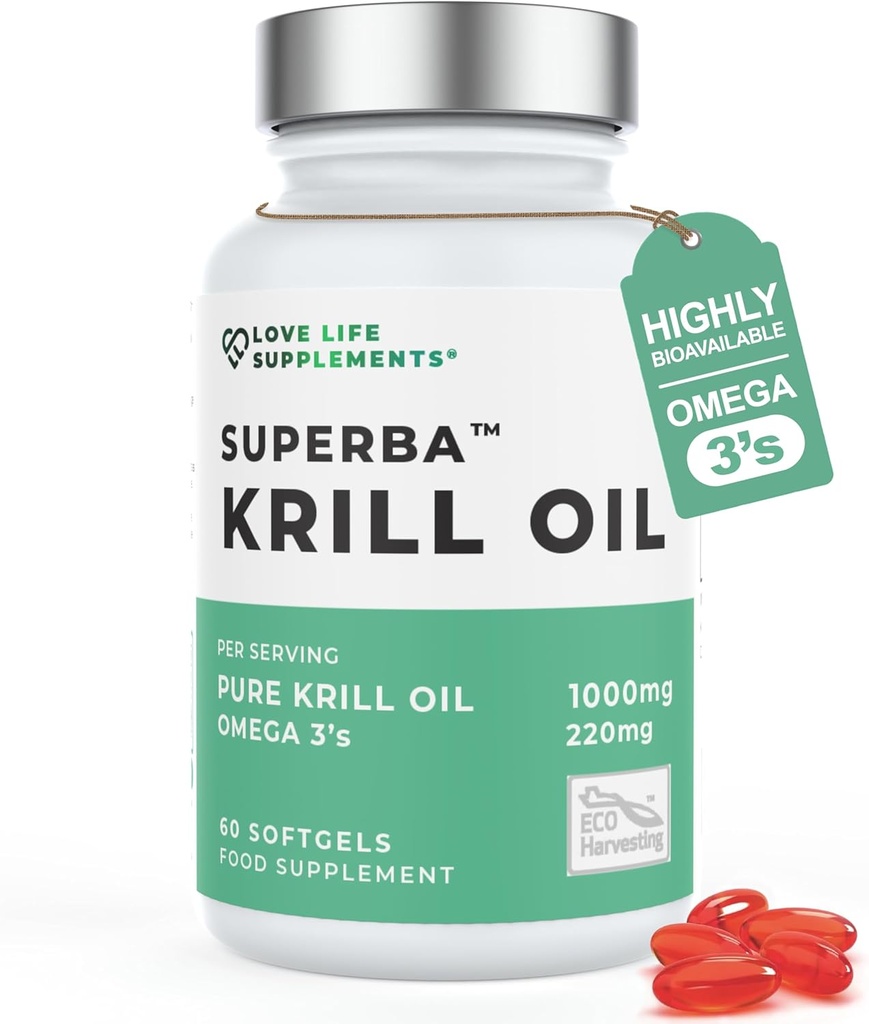 Krill Öl Omega 3 Kapseln hohe Festigkeit 1000mg | Sustainable Fisched in Antarktis | 60 Red Softgels | Joint Care Supplements | mit leistungsstarken Antioxidantien Astaxanthin und Phospholipide für Absorption