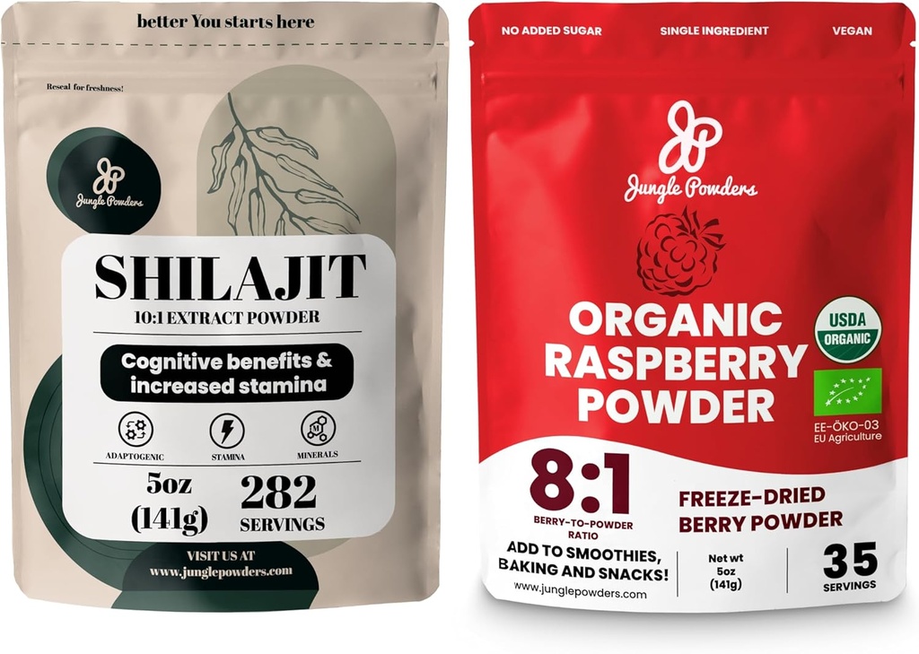 Jungle Powders Superfood Bundle: 5oz Raw Shilajit & 5oz Organic Raspberry Powder Combo - Men's Energy Support, Immune Boost, USDA Zertifizierte gefriergetrocknete rote Himbeeren zum Backen, Glatteien