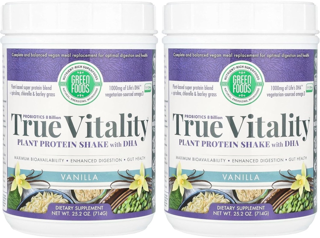 Green Foods True Vitality Plant Protein Shake, Vanilla, 25.2 Unze (Pack von 2)
