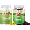 Bundle von Omega DHA Gummis für Kinder - Fettsäuren Omega 3 6 9 mit Vitamin C für Gehirn, Immunität & Vision und Sambucus Elderberry Gummies für Kinder Gesundheit mit Zink & Vitamin C für Immununterstützung