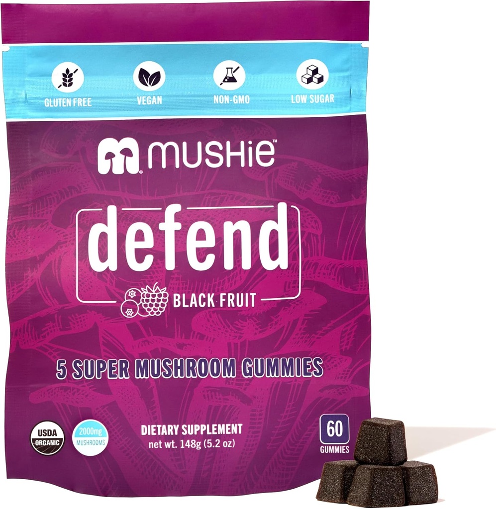 Mushie 100% Bio 5 Super Pilz Complex Gummi - 2000mg Reishi, Türkei Tail, Maitake, Chaga & Shiitake Blend - Gut Health & Immununterstützung mit Vitamin D - Vegan, Glutenfrei - 60 Count