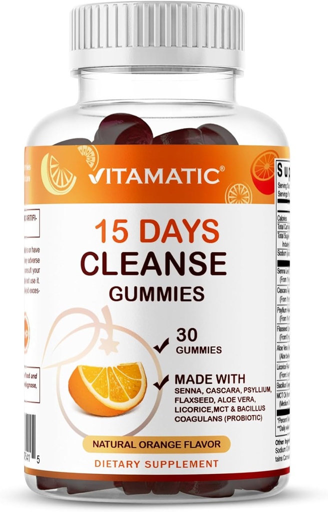 Vitamatic 15 Day Cleanse Gummies, Senna, Cascara, Psyllium, Flaxseed, Aloe Vera, Licorice, MCT, Probiotic
