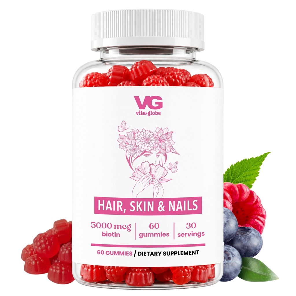VITA GLOBE Haar, Haut und Nägel + Kollagengummis – 20mg mit Vitaminen A, C, D, E, B6 & Biotin | Beauty & Wellness Supplement für gesundes Haarwachstum, Radiant Skin & Strong Nails – 60 Count (Pack von 1)