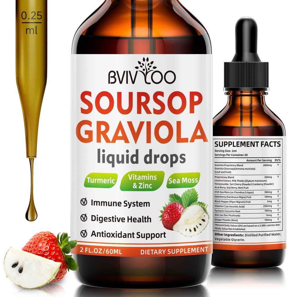 Soursop Graviola Flüssigkeitstropfen für Zellunterstützung & Regeneration, Immun-Boost, Relax, Leber und Schlaf, Soursop Bitters Liquid, Zucker / Glutenfrei, natürliche Erdbeeren Geschmack - 2 Fl Oz (60ml) Flasche