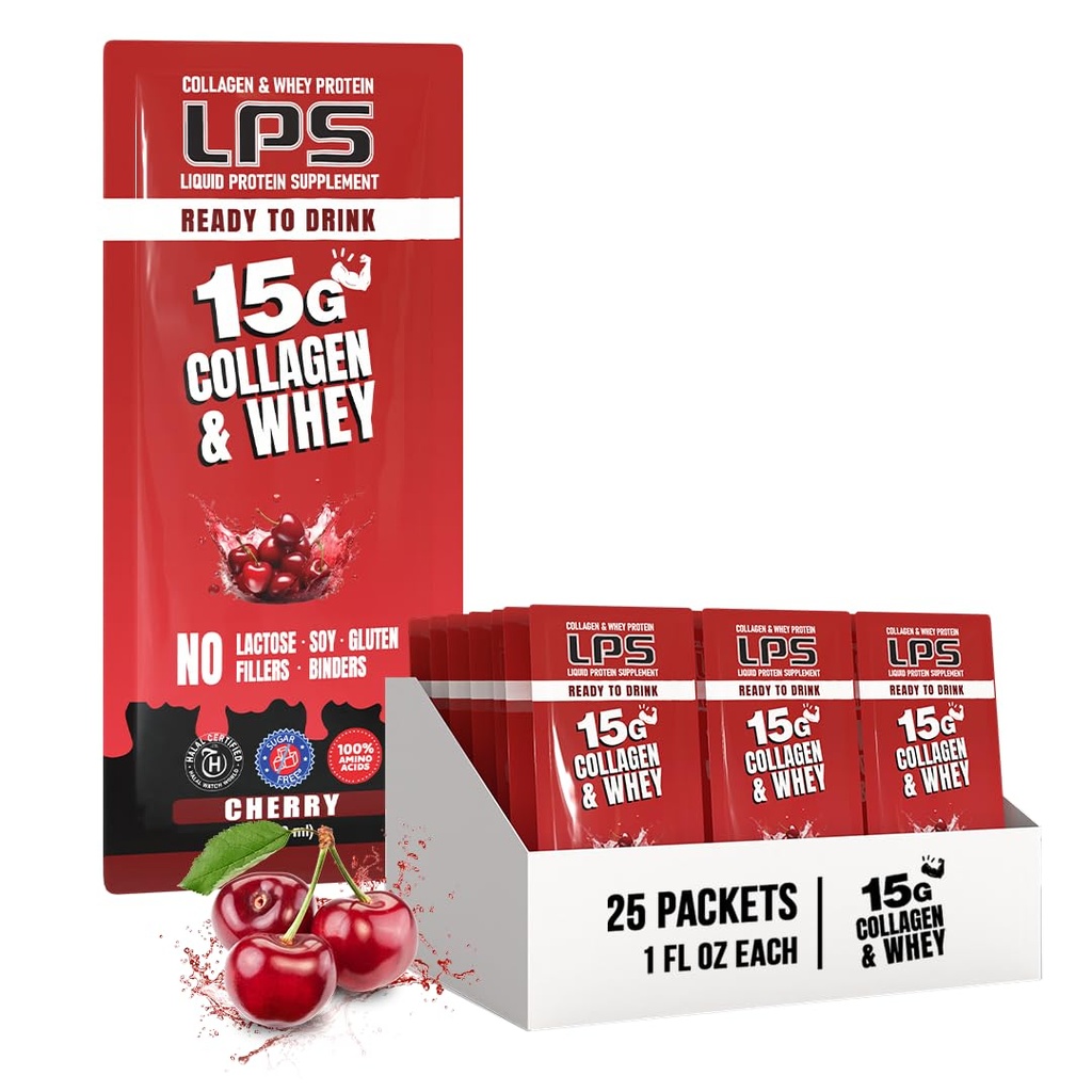 Ernährungsdesigns LPS Liquid Collagen & Whey Protein Supplement - Non-GMO Drink, Sugar-Free - fördert gesunde Haut und Haar für Männer & Frauen, Kirsche, Single Serve (25 Packungen)