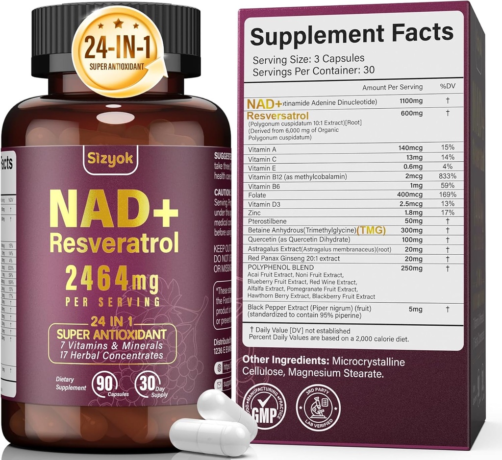 NAD Ergänzung 1100mg Pure Organic, Liposomal NAD Resveratrol Ergänzung für Frauen und Männer, Boost NAD+ für Aging Defense, Cellular Energy, Fokus - Ultra Antioxidant, 90 Kapseln