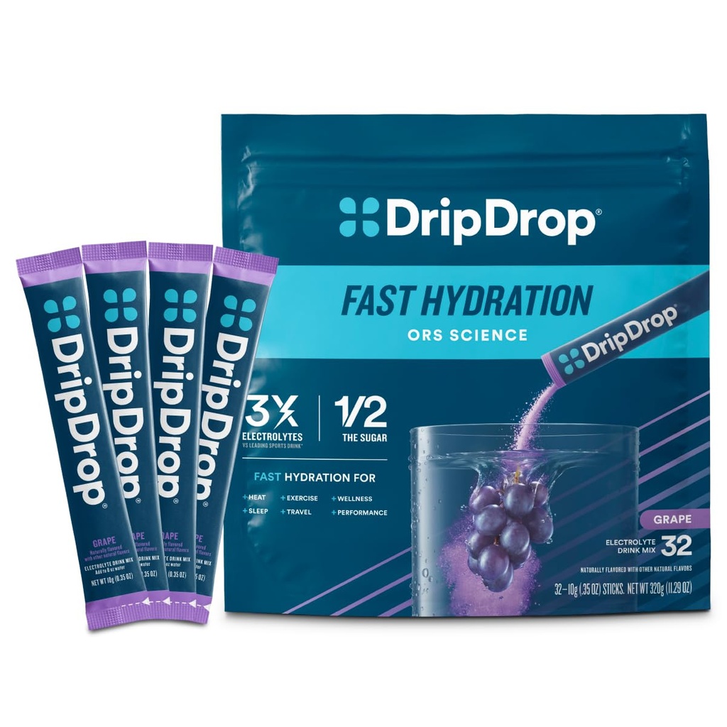 DripDrop Hydration Packets - Trauben - Single Serve Elektrolyte Pulver Getränke Mix - Non-GMO, Glutenfrei, Vegan - 32 Sticks