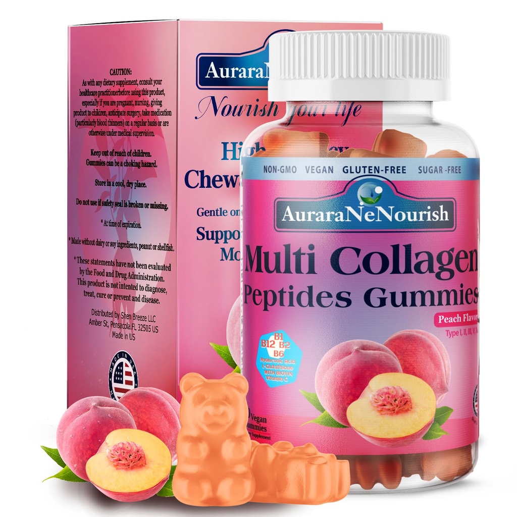 Multi Collagen Peptide Gummie, Sugar Free Hydrolyzed 5000mg Protein behandeltType I,II,III,V,X mit Biotin Hyaluronsäure Vitamin C A D B6 B12 L-Glutathion für Haut Haar Nagel Joint Bone -Peach Gummies