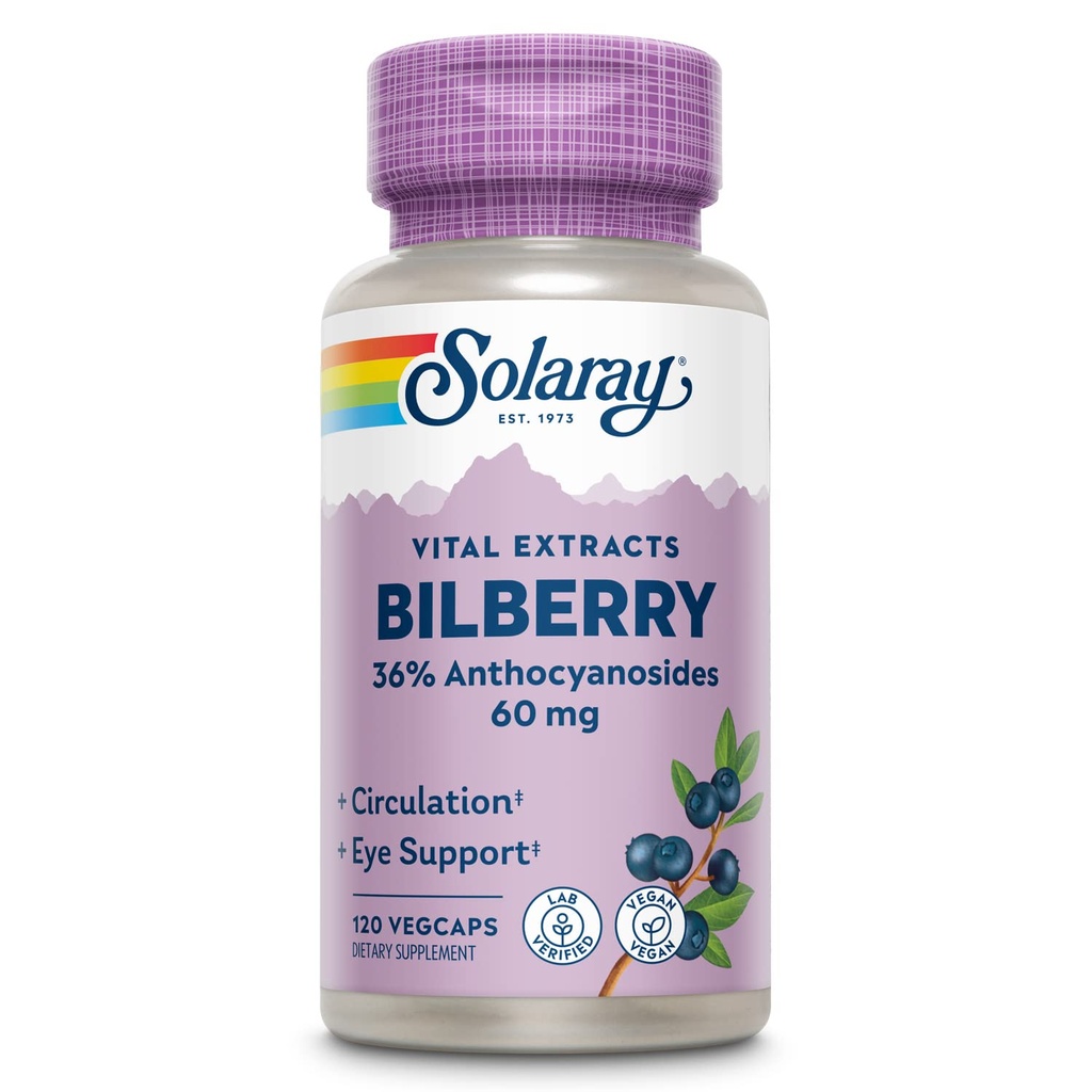SOLARAY Bilberry Berry Extract 60 mg pro Kapsel, Leistungsstarkes Antioxidans, Garantierter Potenz für gesunde Vision & Zirkulation Unterstützung 120 VegCaps