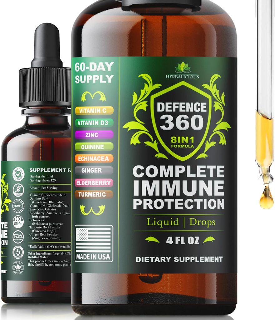 Defence360 Immununterstützung 8-in-1 Flüssigkeitsergänzung mit Vitamin C, D3, Zink, Elderberry, Echinacea, Turmeric, Ginger & Quinine – Kompletter Immunschutz (4 FL OZ)