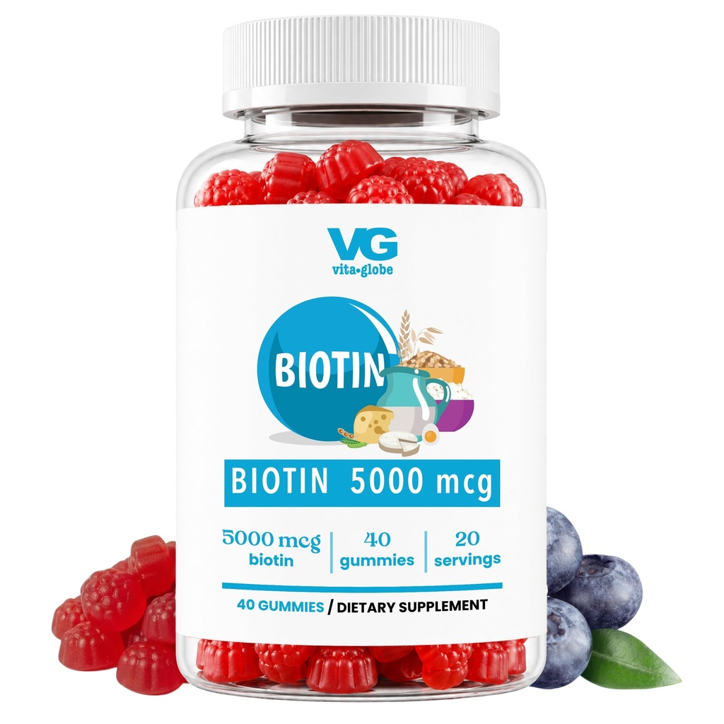 VITA GLOBE Biotin Gummies 5.000 mcg – Extra Strength Hair, Skin & Nails Support – Mixed Berry Flavor, Vegan, Non-GMO Gummy Vitamins for Women & Men – 40 Count (Pack von 1)