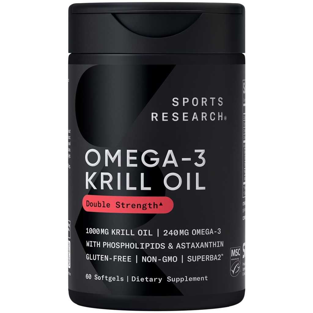 Sportforschung Krill Ölergänzung mit EPA & DHA Omega 3, Phospholipide & Astaxanthin von Antarktis Krill - Höchste Konzentration von Krillöl für Männer & Frauen - 1000mg, 60 Softgel Kapseln