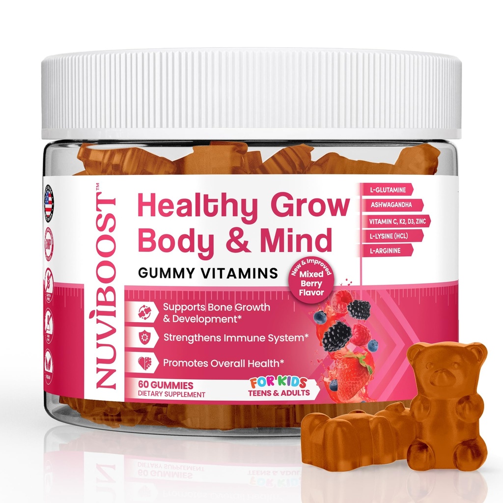 Healthy Grow Height Growth Gummies Rich in Calcium, Vitamins C, D3, K2, L-Arginine, Ashwagandha, and Others, Boost Bone Health & Immunity, Multivitamin, for Kids 5+, Teens and Adults.