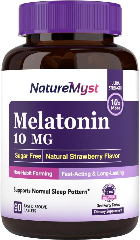 Melatonin 10 MG, Fast Dissolve Tablets, Ultra Strength, Non-Habit Forming, Sleep & Calmness Support, Kein Zucker, Natürliche Erdbeeren Geschmack, 90 Tabletten