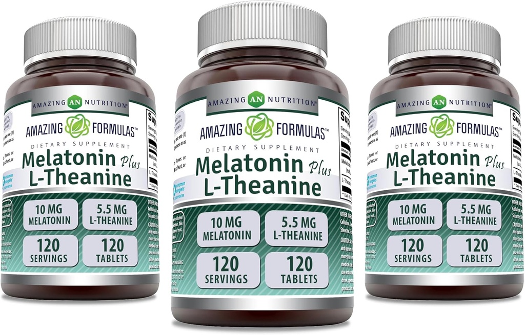 Erstaunliche Formeln Melatonin 10 Mg Plus L-Theanine 5.5 Mg Supplement | 120 Tabletten | Non-GMO | Gluten Free | Made in USA | Pack von 3