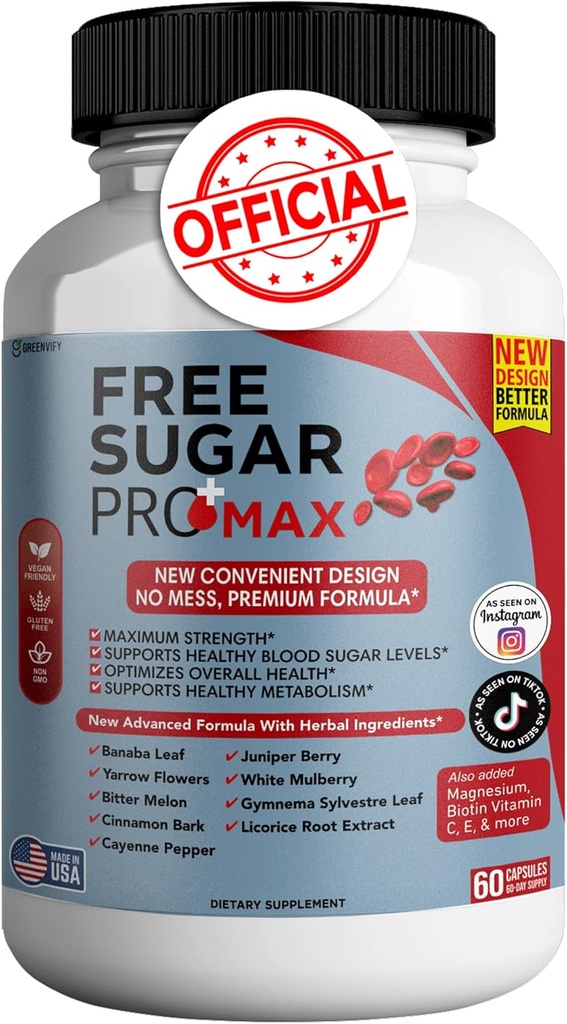 Free Sugar Pro Max Alle natürlichen Formel, um gesunde Levels zu erhalten, maximale Stärke tägliche Formel, Blutzucker-Gesundheitstests (1 Packung - 60 Kapseln)