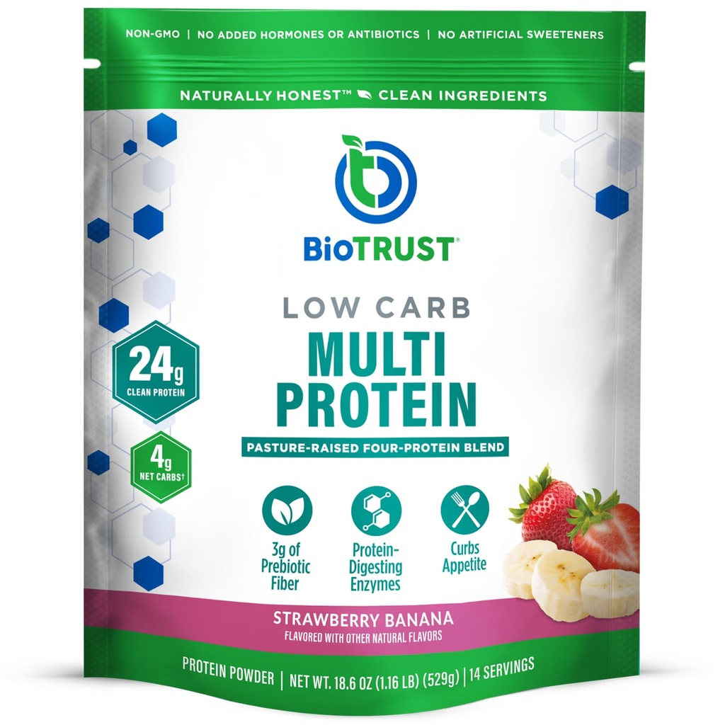 BioTrust Low Carb Protein Pulver – Delicious Whey & Casein Mischung aus Grass-Fed Hormon Free Cows – Non GMO, Gluten Free (Strawberry Banana)