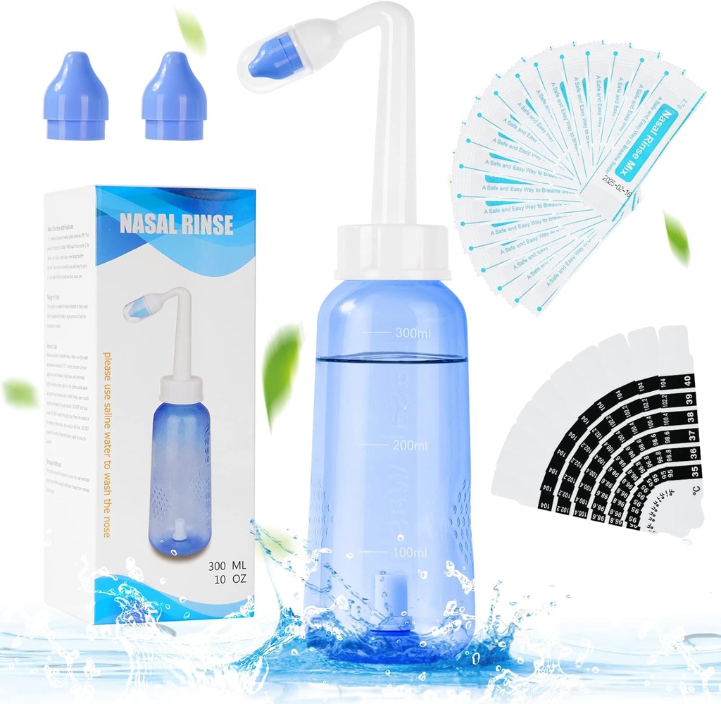 URAQT Neti Pot, Nasal Rinse Kit Nose Wash Cleaner, 300ml Sinus Rinse Bottle mit 20 Nasal Wash Salt Packets und 10 Thermometer Aufkleber, Druck Rinse Nasal Bewässerung für Erwachsene und Kind BPA kostenlos