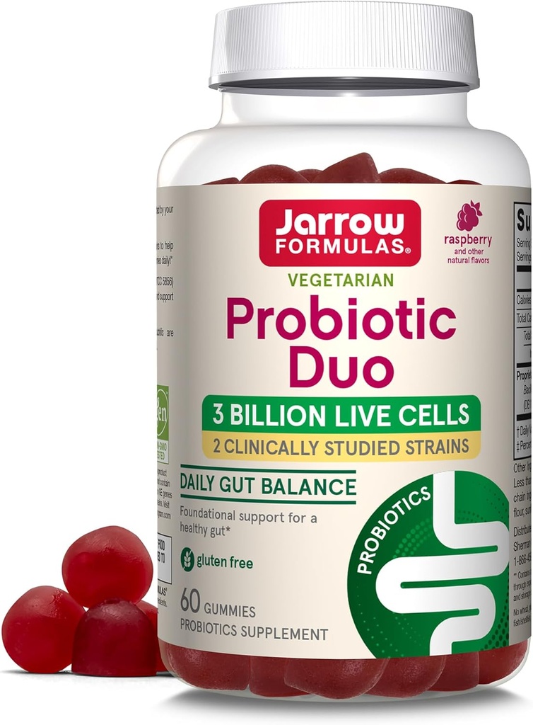 Jarrow Formulas® Probiotic Duo, 3 Billion Live Cells Supplement für Immungesundheit und Verdauungsunterstützung, 60 Raspberry Flavor Probiotic Gummis, 30 Tage Versorgung