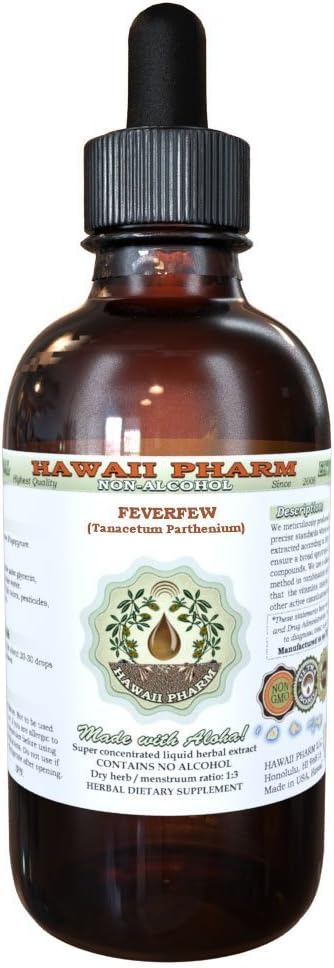 Feverfew Alcohol-Free Liquid Extract, Organic Feverfew (Tanacetum parthenium) Getrocknete Kräuter Glycerite Hawaii Pharm Natural Herbal Supplement 4 oz
