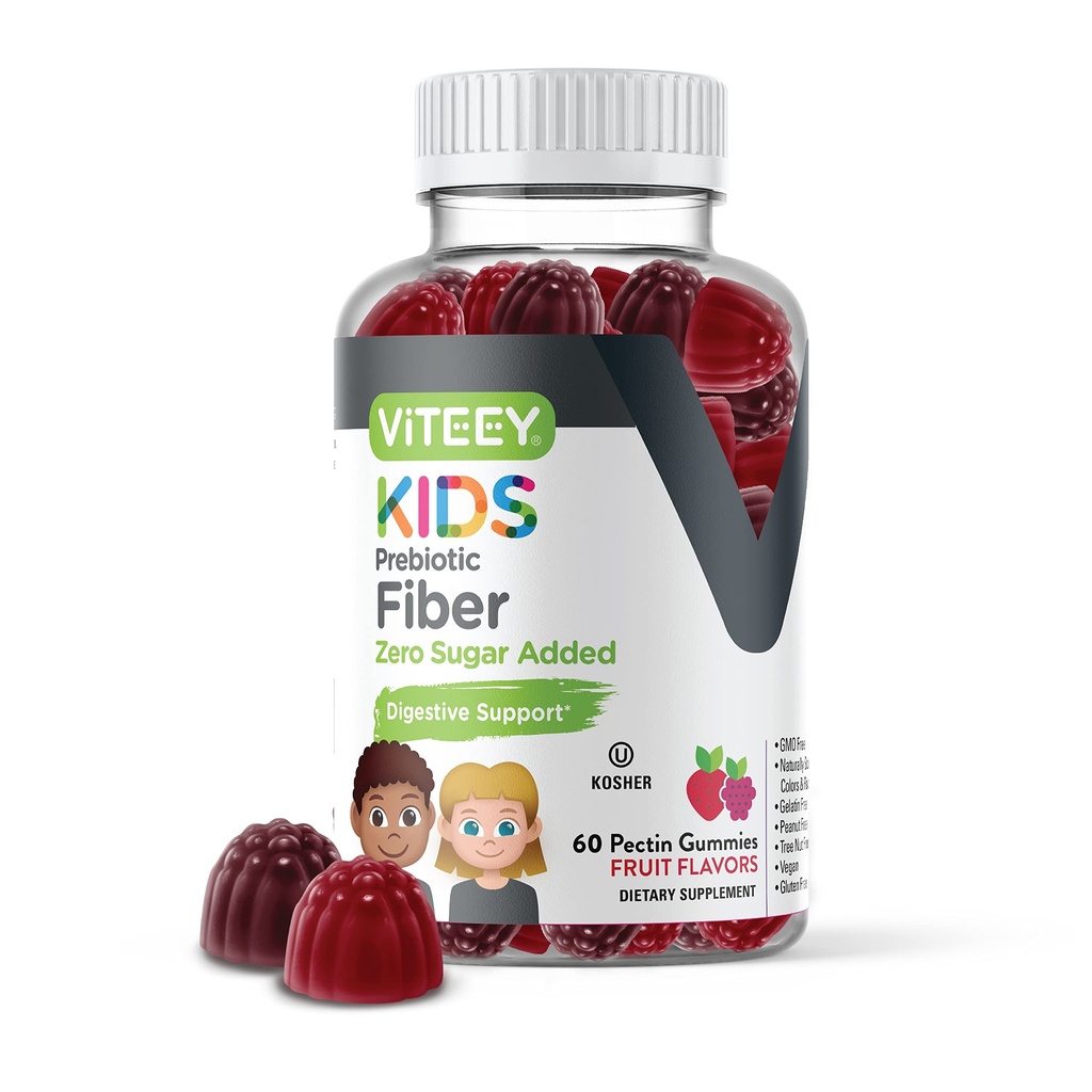Viteey Prebiotic Kids Fiber for Constipation Relief, Digestive Health Regularity Support, Natural Weight Support - Fiber 4g, Zero Sugar Hinzugefügt, Vegan, Glutenfrei - Tasty Chewable Fruit Flavored Gummy