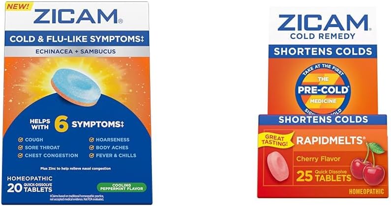 Zicam Cold & Flu Symptoms 20 Tablets Cold Remedy Zinc Rapidmelts 25 Count Homeopathic Cold Shortening Bundles