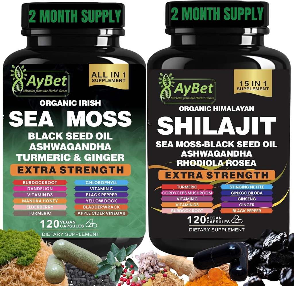 Sea Moss Shilajit Combo Bundle Capsule, Black Seed Oil, Ashwagandha, Rhodiola Rosea, Burdock, Turmeric, Ginger, VitC, VitD3, All in One Supplement, 240 Kapseln, Halal, Vegan, USDA Organic