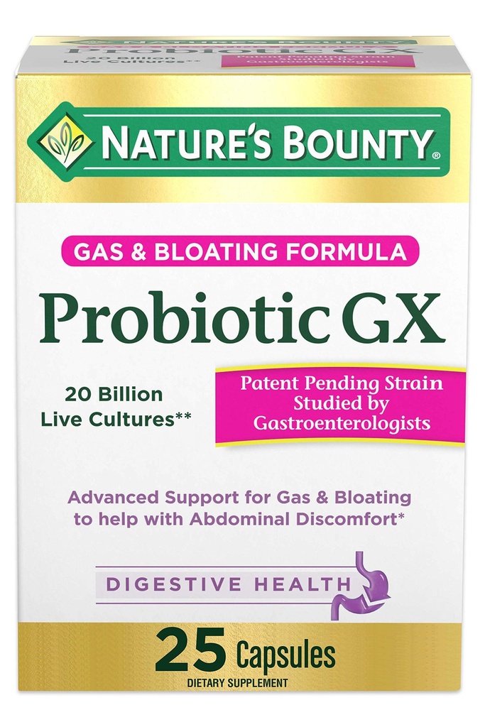 Nature's Bounty Probiotic GX, Hilft mit okziösem Gas und Bloating, Nahrungsergänzung, Verdauungsgesundheit, 25 Kapseln