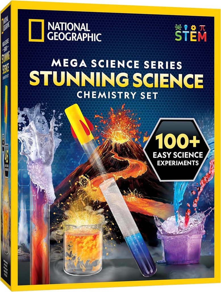 National Geographic Stunning Chemistry Set - Mega Science Kit mit 45 einfachen Experimenten- Machen Sie einen Vulkan und starten Sie einen Rocket, STEM Projekte für Kinder Alter 8-12, Science Toys (ausschließlich)