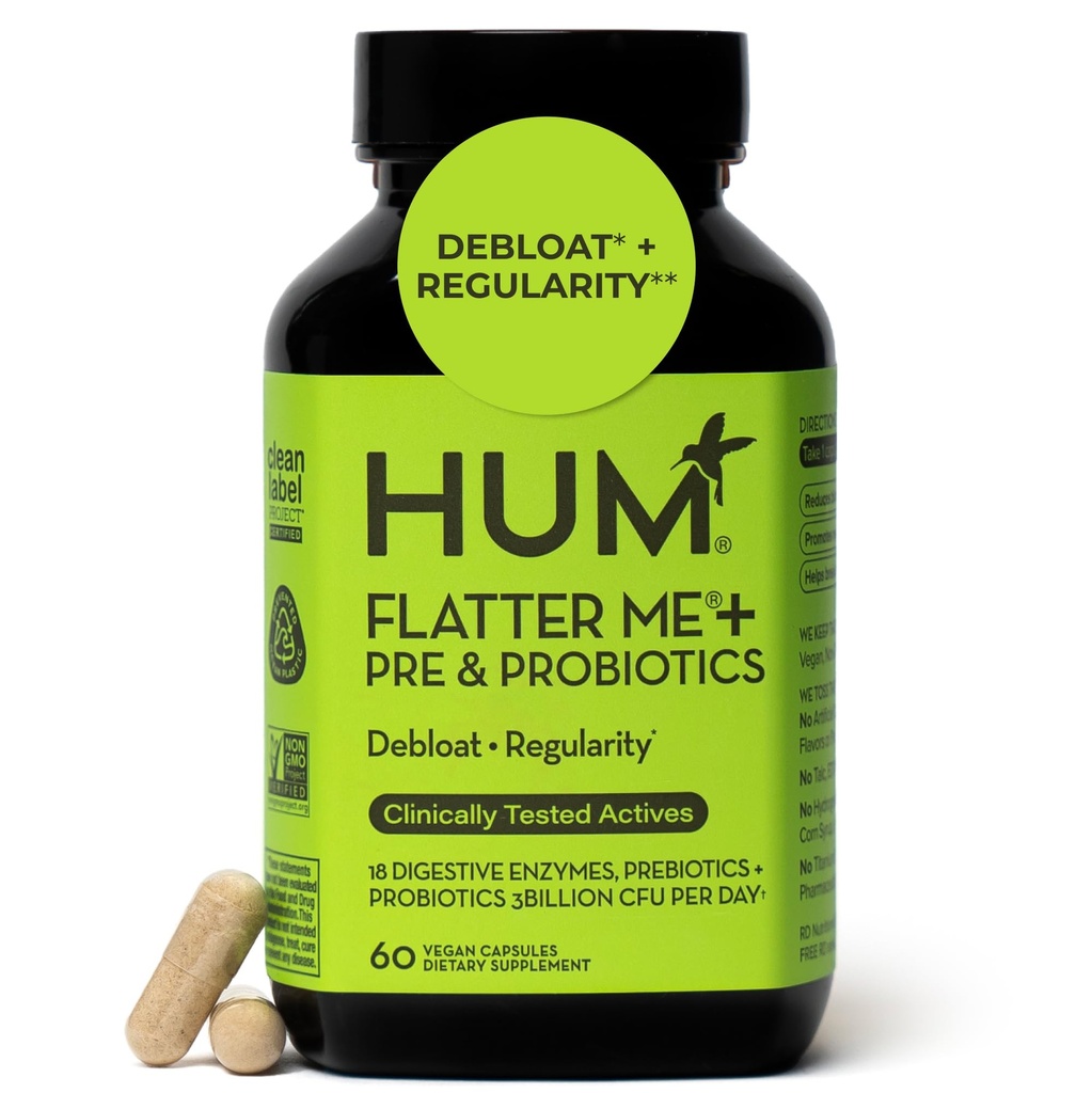 HUM Flatter Me Digestive Enzyme Plus Präbiotika & Probiotika, Digestive Health Bloating Supplement für Frauen und Männer, Fast Acting Anti Bloat Pillen Multi Enzym für Debloating, Vegan, 60 Kapseln
