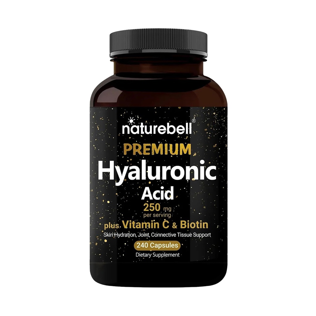 NatureBell Hyaluronsäure ergänzt 250mg | 240 Kapseln, mit Biotin 5000mcg & Vitamin C 25mg, 3 in 1 Unterstützung