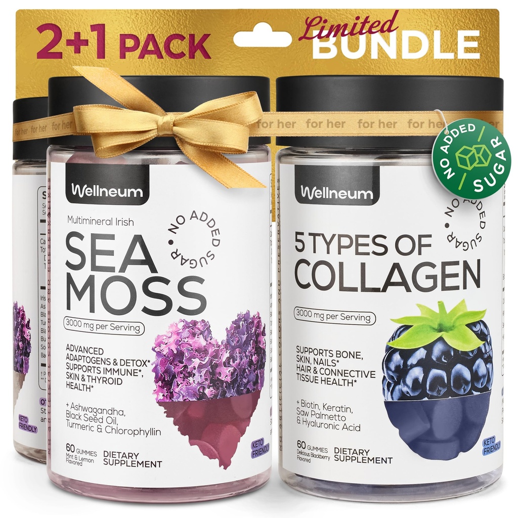 Collagen and Sea Moss Gummies Bundle - Collagen Peptides, Irish Sea Moss, Biotin, Keratin, Bladderwrack - Gummy Supplement für Immunität, Detox, Gesundes Haar, Haut und Nägel - für Männer und Frauen