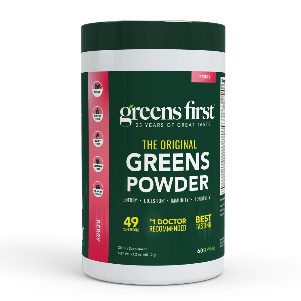 Greens First Original Greens Powder - 49 Superfoods - Bio Fruits & Veggies - Präbiotika, Probiotika & Verdauungsenzyme - Antioxidant Smoothie - Dairy Free, Vegan & Non-GMO (Berry, 60 Portionen)
