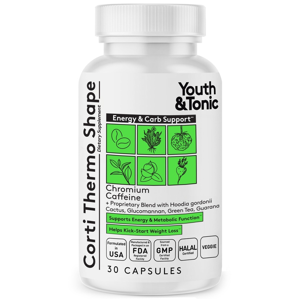 Youth & Tonic Thermogenic Supplement 30 Kapseln als erweiterte Ernährung Unterstützung für Energie Stoffwechsel Fokus für Männer und Frauen mit Koffein Chrom Glucomannan Guarana Hoodia Gordonii