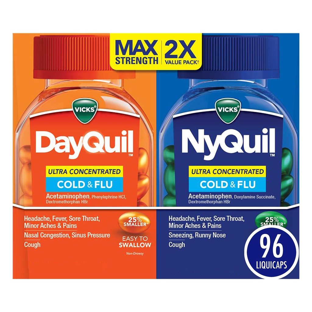 Vicks DayQuil & NyQuil Ultra Concentrated Liquicaps Co-Pack, Cold & Flu Medicine, Powerful Multi-Symptom Daytime & Nighttime Relief for Headache, Fever, Sore Throat, Minor Aches & Pains, & Cough, 96ct