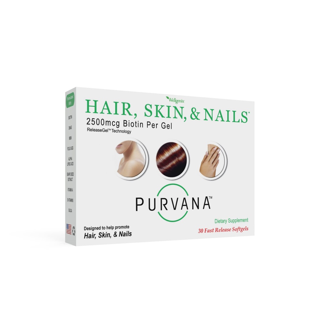 Wellgenix Purvana Haar, Haut, und Nägel Vitamin - 2500mcg Biotin, Folsäure, DMAE, Trauben Seed Extrakt - Ein Tag Softgels - PCOS & Postpartum Haarausfall Unterstützung - (30 Zähler)