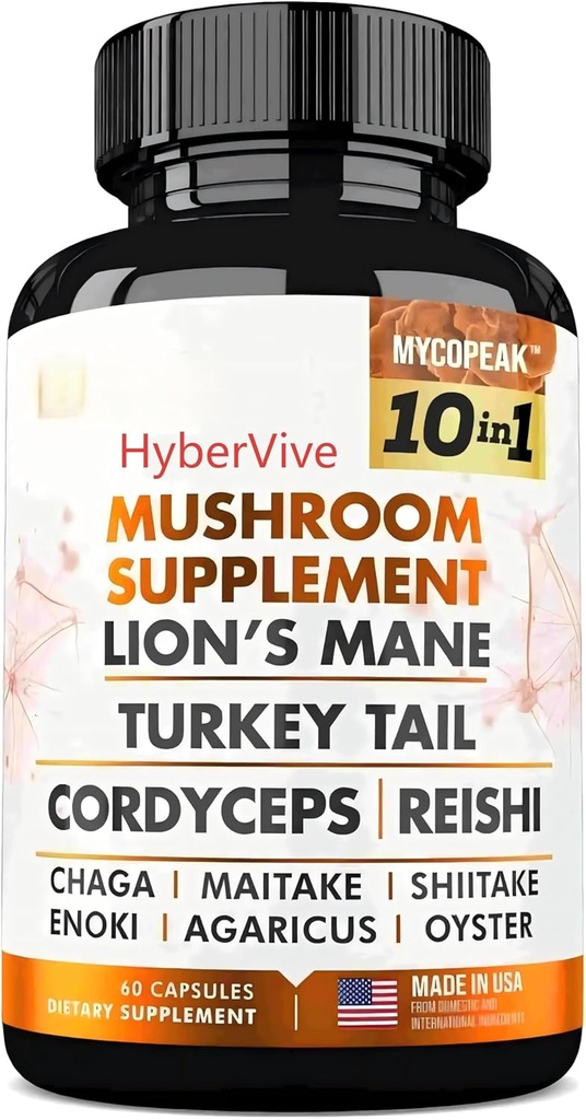 Mushroom Supplement 10x Complex - Lions Mane, Turkey Tail, Cordyceps, Reishi, Chaga, Maitake, Shiitake, Oyster Extract Pilze - Nootropic Brain Support Ergänzungen für Gedächtnis und Fokus