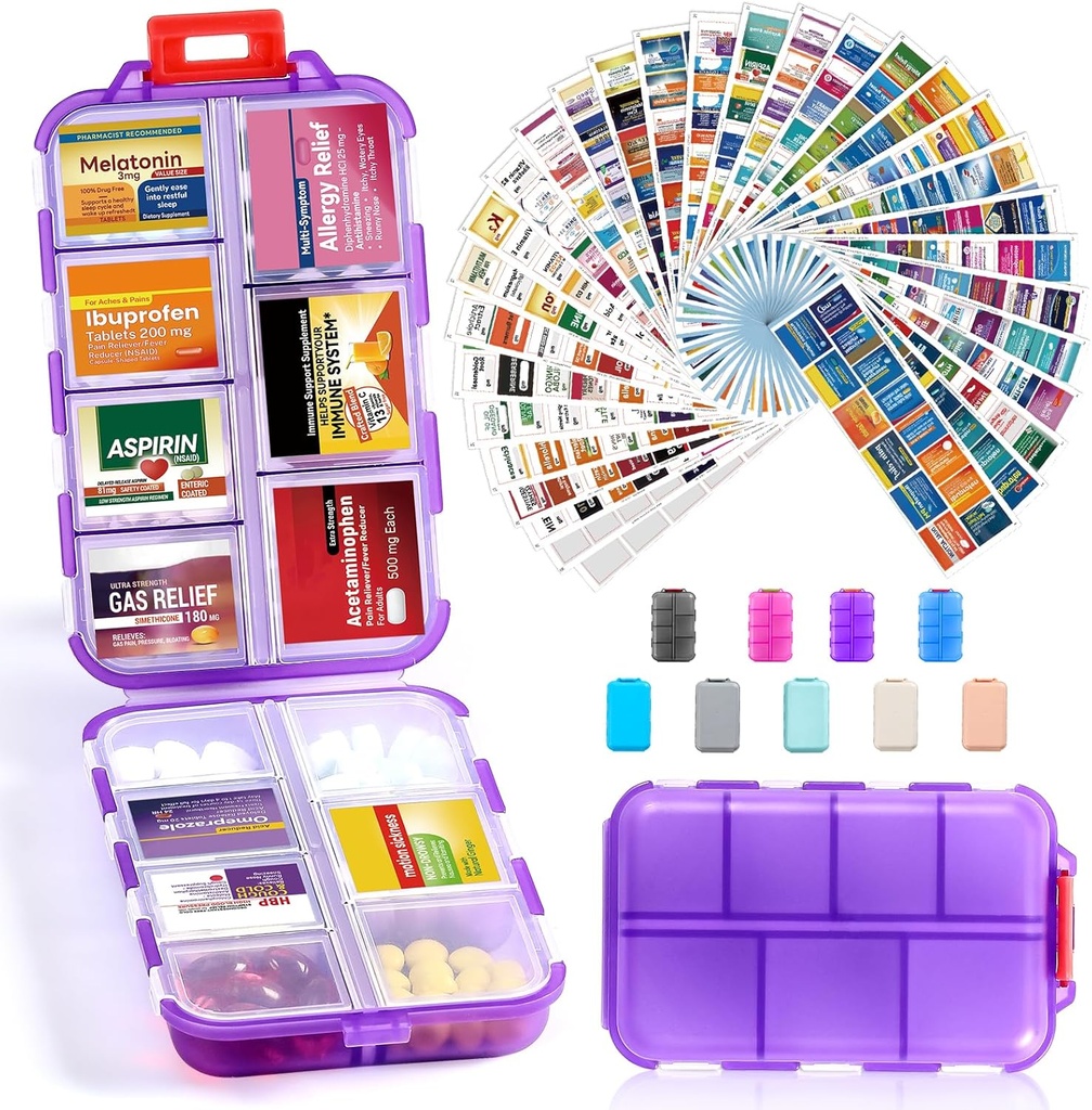 14 Grids Travel Pill Organizer Box mit 415-Pcs Medizin Name Etiketten, Pocket Daily Pharmacy Case Container, Reise Medication Holder Dispenser Kit für Fish Oil Vitamin Supplement Storage -Clear Purple