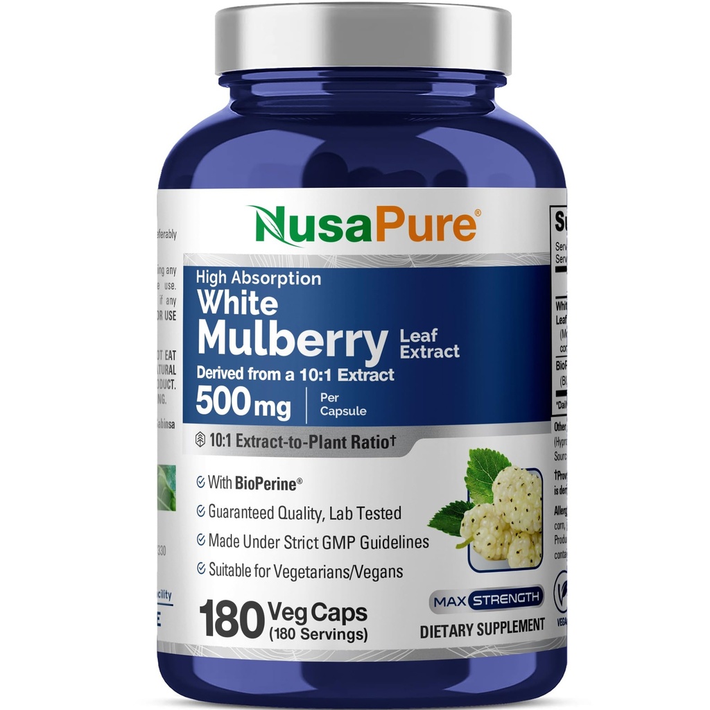 NusaPure White Mulberry Blatt Extrakt 10:1 Extrakt, 500 mg Äquivalent zu 5000mg 180 Veg Caps (Vegan, Non GMO Bioperine)