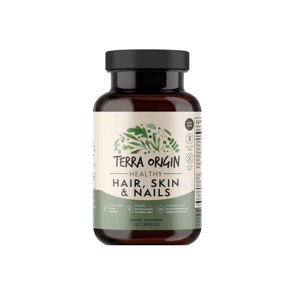 TERRA ORIGIN Gesundes Haar, Haut und Nägel Beilage | Collagen, Biotin, Horsetail & B-Complex | Unterstützt Haarstärke, Hautelastizität & Nail Wachstum | Vitamine für Frauen und Männer | 60 Kapseln