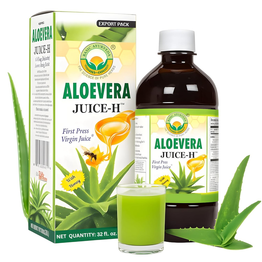 BASIC AYURVEDA Aloe Vera Saft mit Honig 32.46 Fl Oz (960ml) | Unterstützt Verdauungs-Gesundheit, Hydration & Skin Wellness | Kalt gepresst Kräutersaft | Natürliche Reinigung | Kein hinzugefügt Zucker