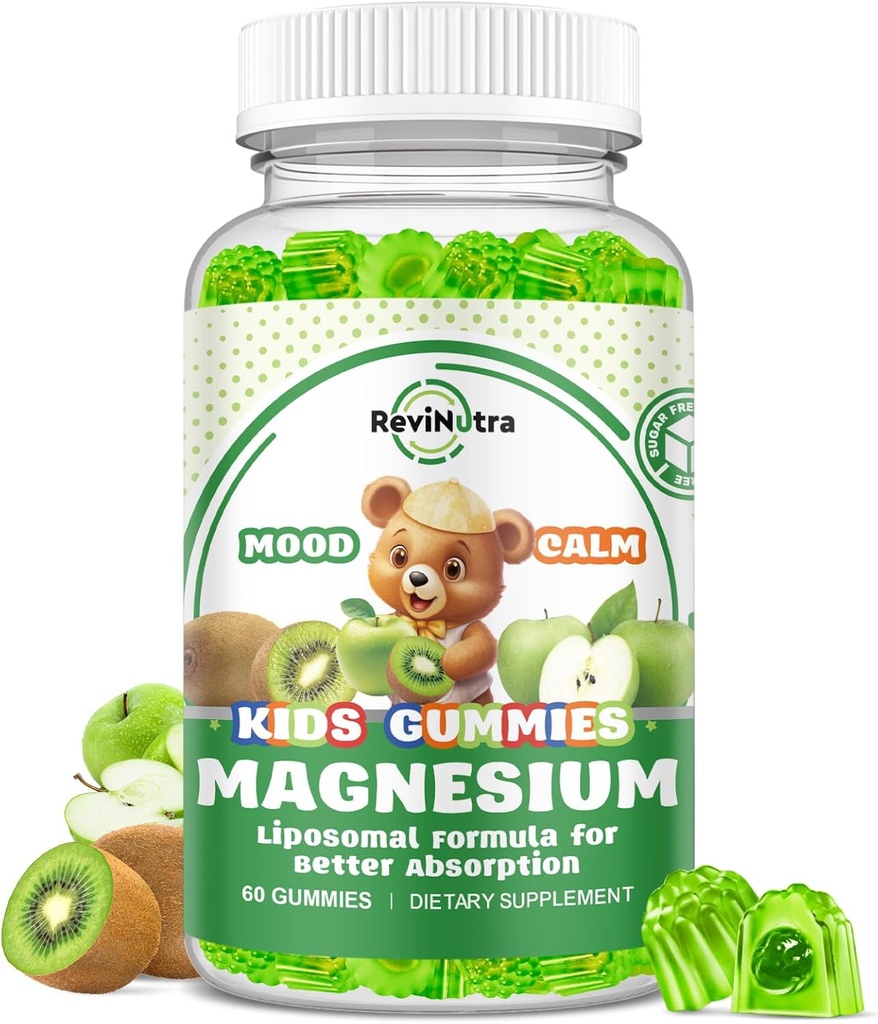 Liposomale Kinder Magnesium Gummies- Magnesium Glycinate Gummis für Kinder Supplement-w/Omega-3, Vitamin B6, D3- Unterstützung Calm Stress Relief, Knochen, Stimmung, Grün Apple & Kiwi Flavor, 60 Count